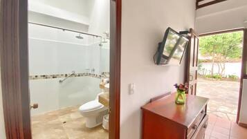 Shower, rainfall showerhead, towels