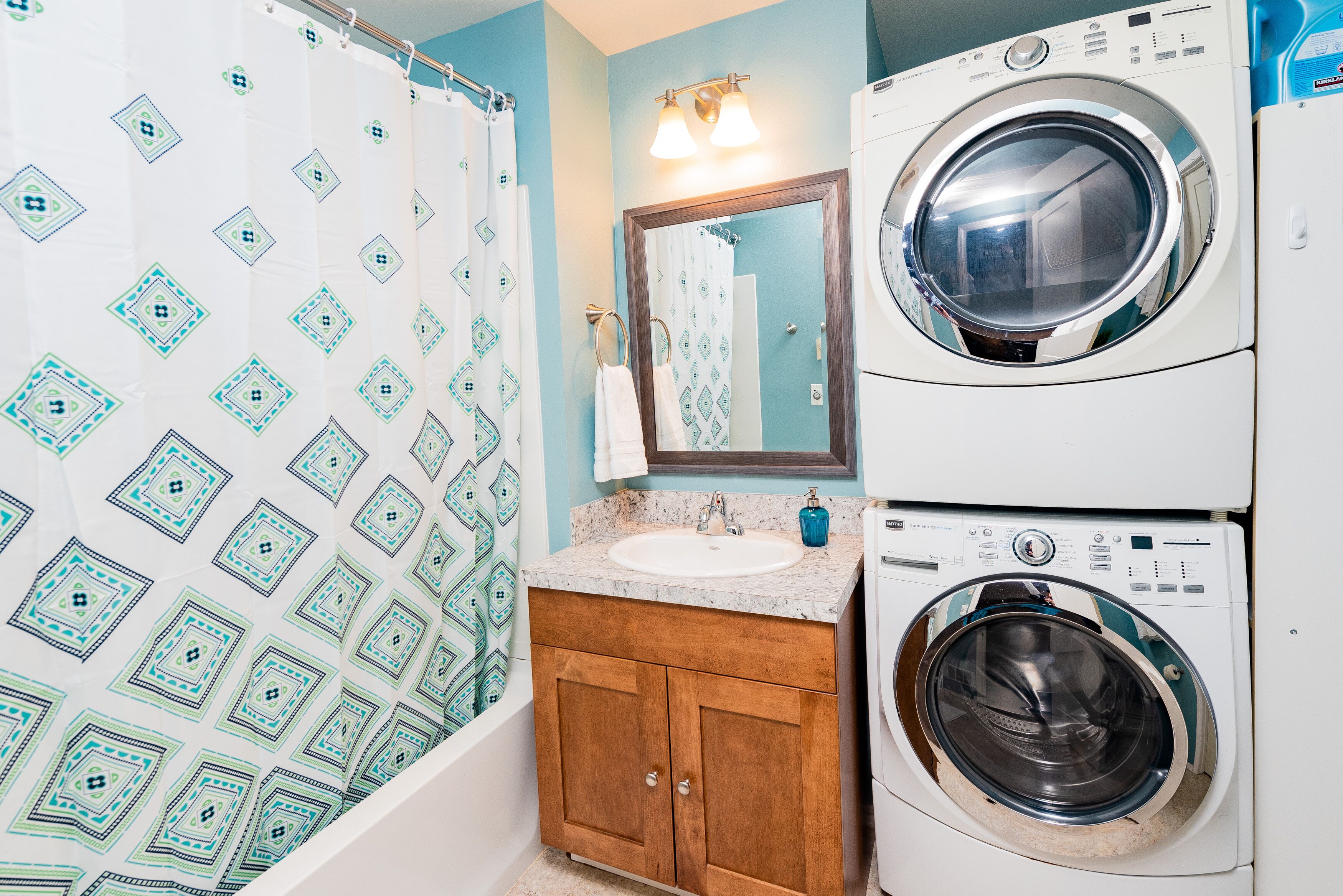 Hair dryer, towels, soap, shampoo