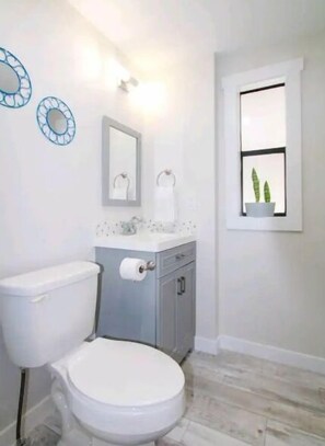 Secadora de cabello, toallas, papel de baño 