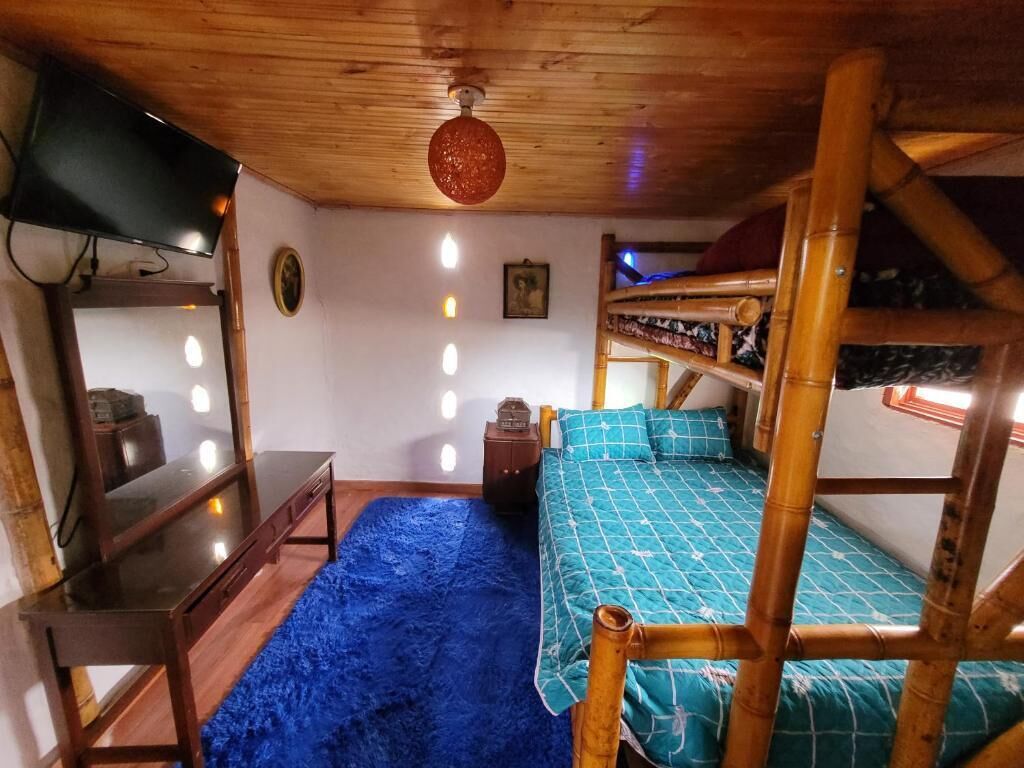 Una habitación con una cama individual superpuesta, un escritorio de madera, un espejo y una alfombra azul.