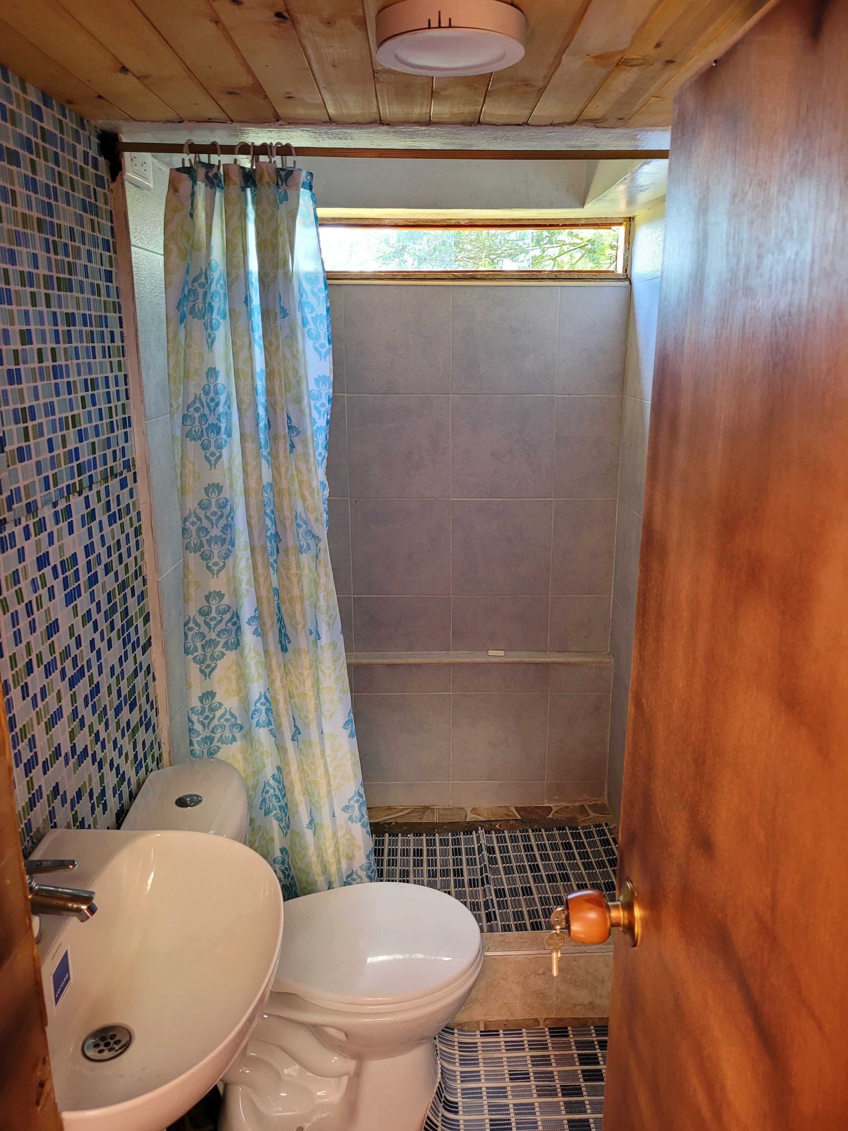 Un baño con ducha, dos inodoros y un lavamanos.
