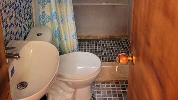 Un baño con ducha, dos inodoros y un lavamanos.
