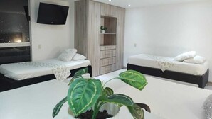 Et moderne hotelværelse med to senge, et fjernsyn, en plante og et klædeskab.