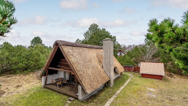 Una casa con techo de paja, una chimenea de ladrillo, una terraza de madera y una pequeña construcción roja al fondo.