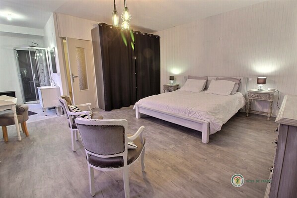 Une chambre avec un grand lit, deux tables de chevet, une chaise, un bureau et un espace douche.