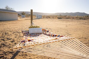 Relax in a serene desert oasis with a hammock nestled among sparse vegetation.