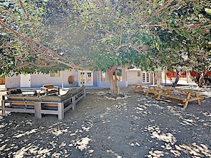 Un espace extérieur rustique aménagé avec des bancs et des tables en bois, entouré d’arbres et bordé d’un bâtiment doté d’une porte et de fenêtres.