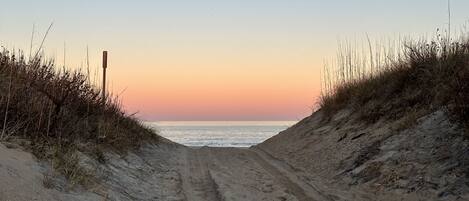 A sandy path leading to the sea with dunes on either side.