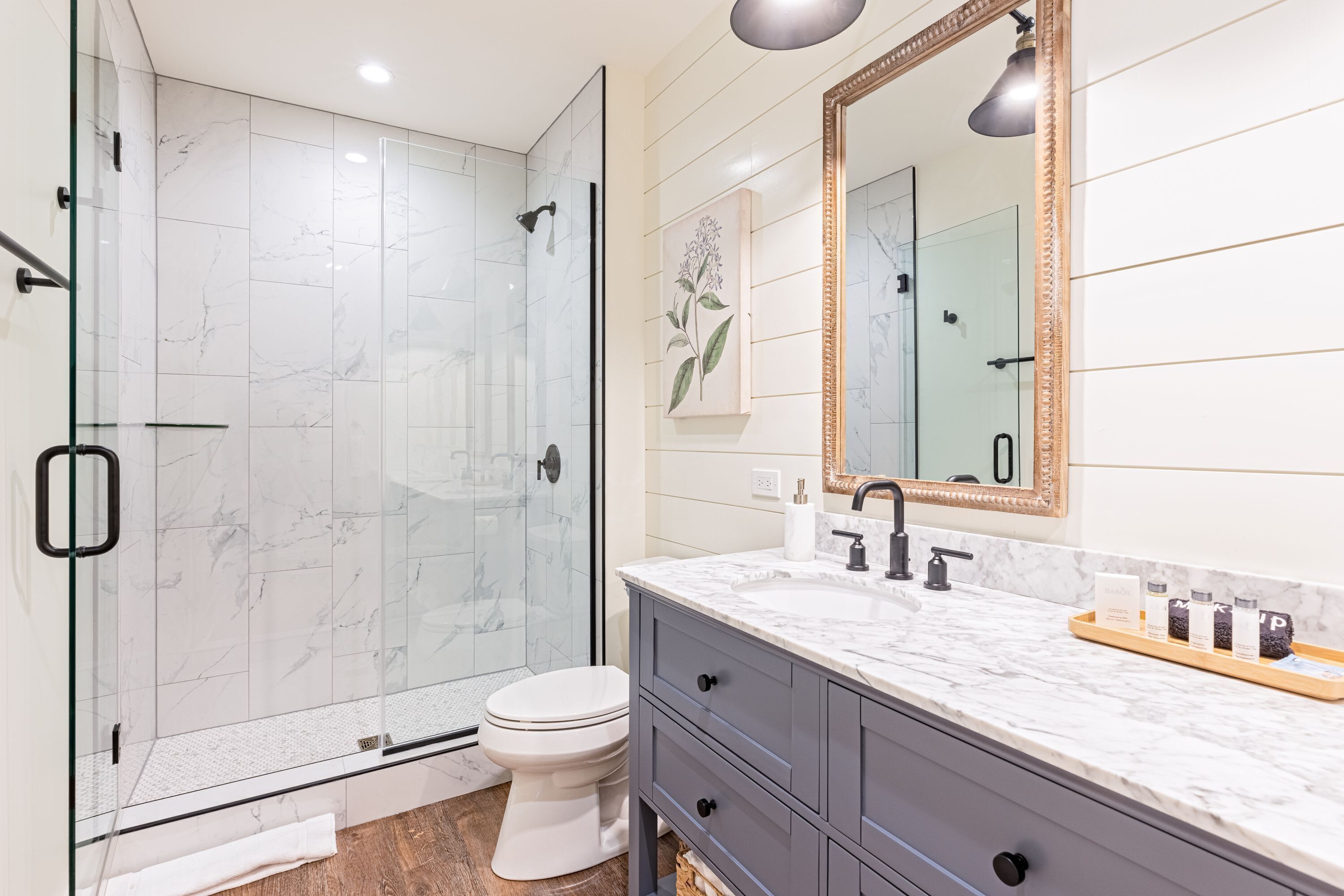 Shower, hair dryer, towels, shampoo