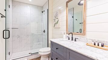 Shower, hair dryer, towels, shampoo