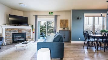 TV connectée, cheminée, livres