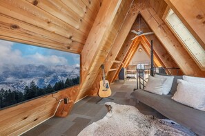 Smart TV, fireplace, books