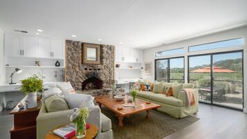 Smart TV, fireplace, books, stereo