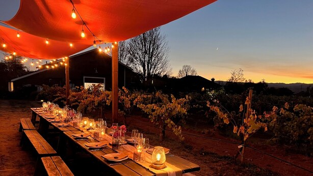Une longue table en bois, dressée pour un repas en plein air, illuminée de guirlandes lumineuses et de bougies, et entourée d’un vignoble.