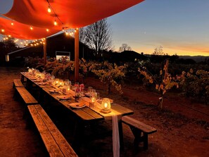 Una larga mesa de madera dispuesta para comer al aire libre, con luces colgantes y velas, rodeada por un viñedo.