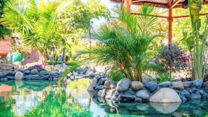 Un jardín tranquilo con una piscina cristalina, rodeado de rocas y exuberante vegetación.