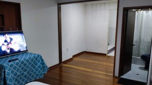 Quarto com televisão sobre uma mesa, piso de madeira e banheiro com chuveiro.
