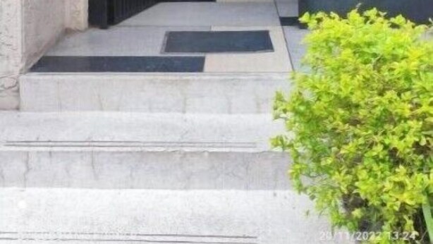 Uma entrada moderna com uma porta escura, uma porta de vidro com padrão quadriculado e uma pequena área ajardinada.