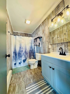 Shower, hair dryer, towels