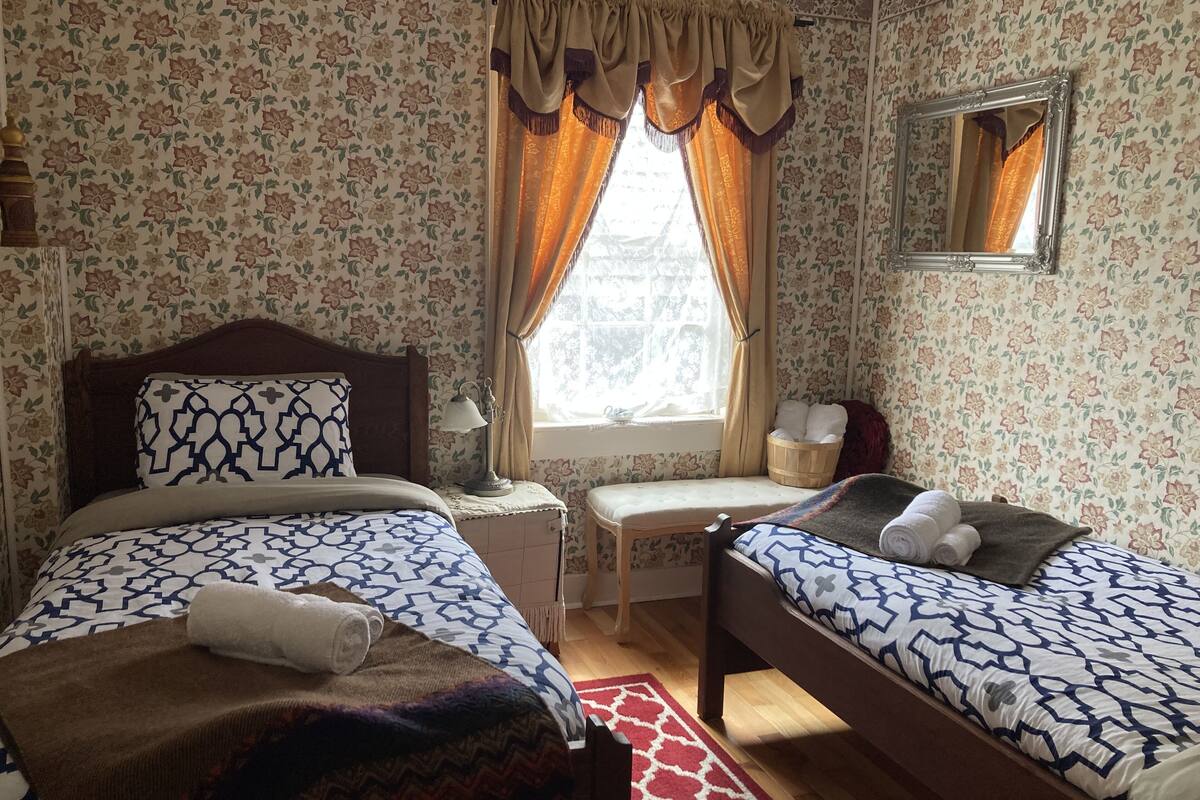 Une chambre avec deux lits, une table de chevet, une fenêtre avec des rideaux, un miroir et un mur décoré d’un motif.