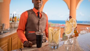 A bar area with a bartender, a counter with drinks, and a view of the sea.