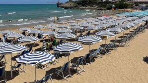 A beach with rows of striped umbrellas and beach chairs. - Mobilehome with air conditioning, terrace and pool (Peschici)