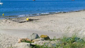 A sandy beach with scattered rocks and a clear blue sea.