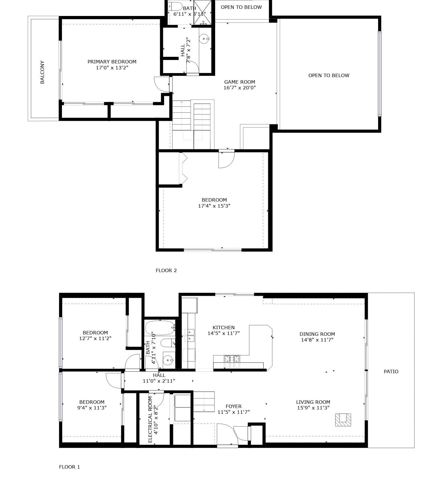 A floor plan of a hotel with two floors. Each floor has a primary bedroom, a game room, a bathroom, a dining room, a kitchen, a foyer, and a living room.