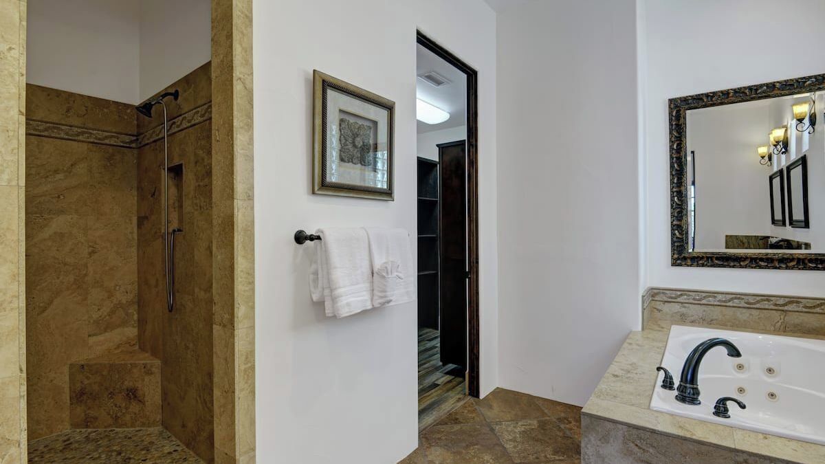 A bathroom with a shower, a sink, a mirror, and a framed picture on the wall.