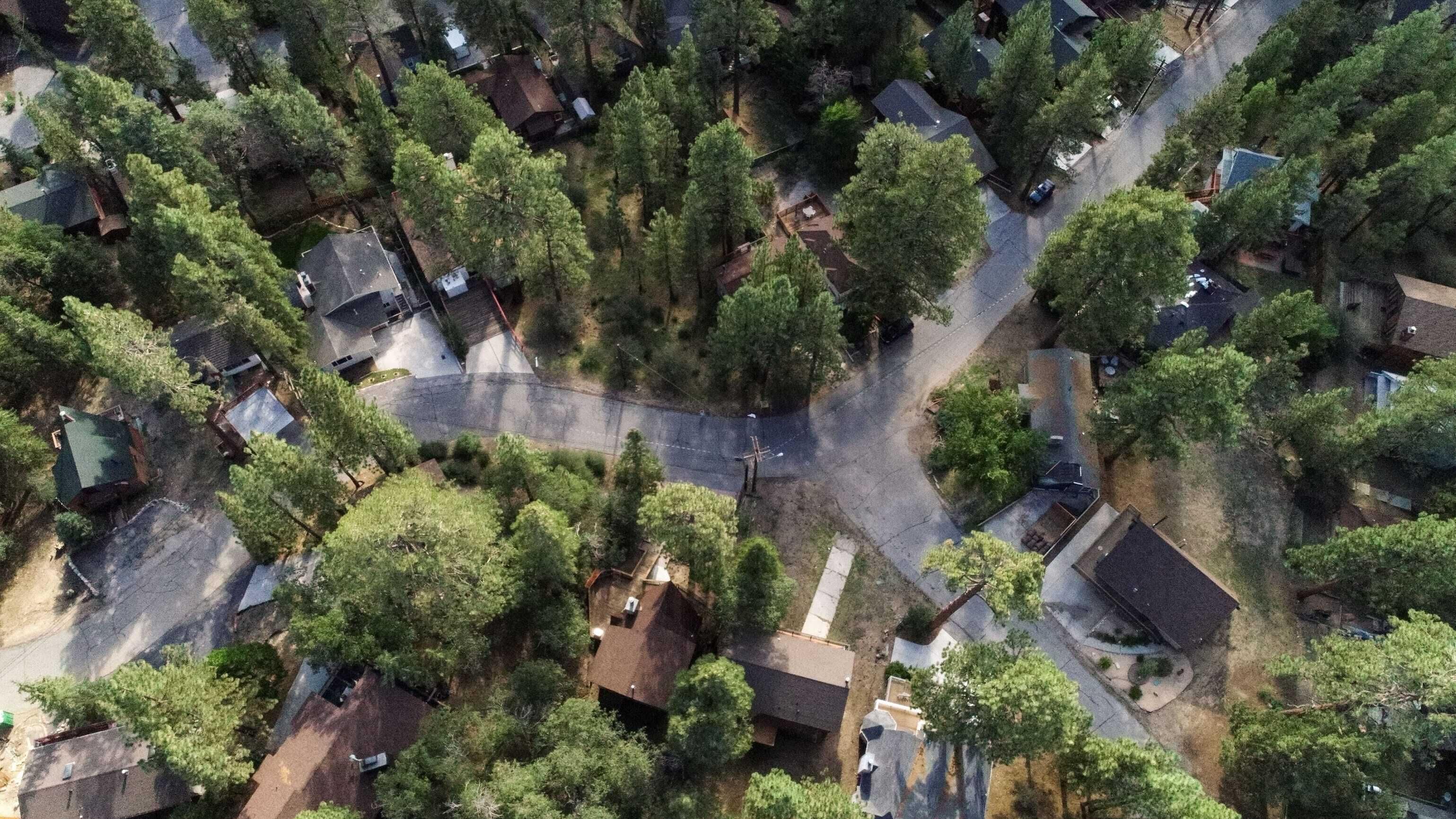 Vista aérea de una zona residencial con casas rodeadas de árboles, una carretera curva y un poste de servicios visible.