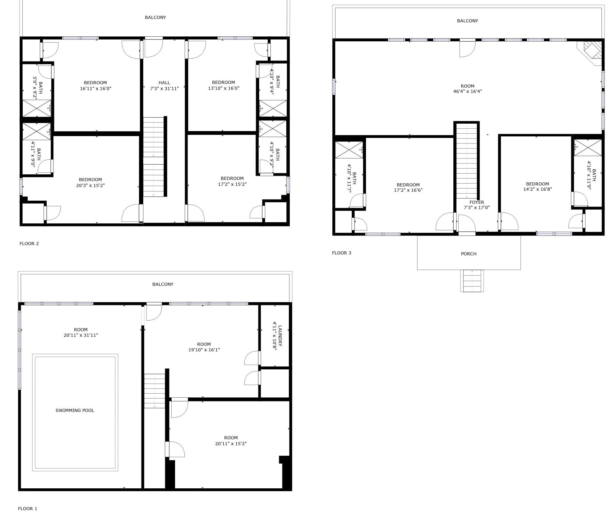 A floor plan with multiple bedrooms, a balcony, a foyer, and a swimming pool.
