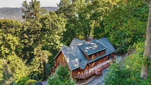Une cabane dotée d’un porche et d’une cheminée, entourée d’une forêt dense.