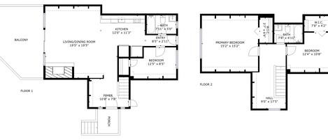 Plano de planta de un hotel que incluye balcón, sala de estar/comedor, cocina, dos dormitorios, un baño, vestíbulo y pasillo.