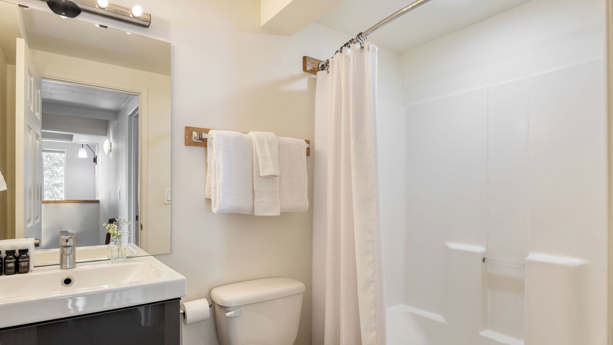 Une salle de bain équipée de toilettes, d’un lavabo, d’un miroir et d’un rideau de douche.