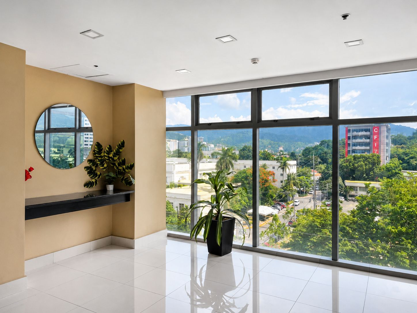 A spacious room with a large window, a circular mirror, and potted plants.