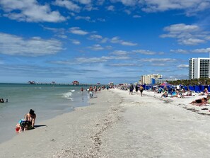 On the beach, sun loungers