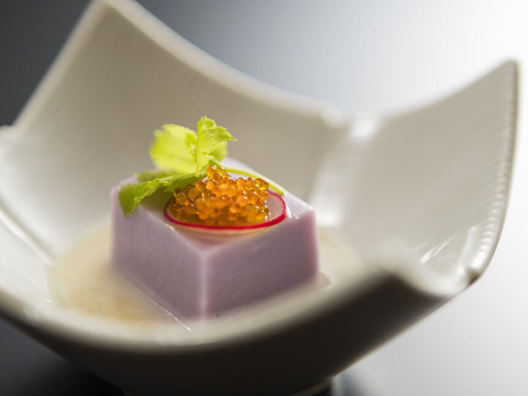 Un dessert servi dans un plat blanc aux formes anguleuses, avec une base violette, décoré d’une feuille de menthe et d’un élément de présentation rouge en forme de cercle.