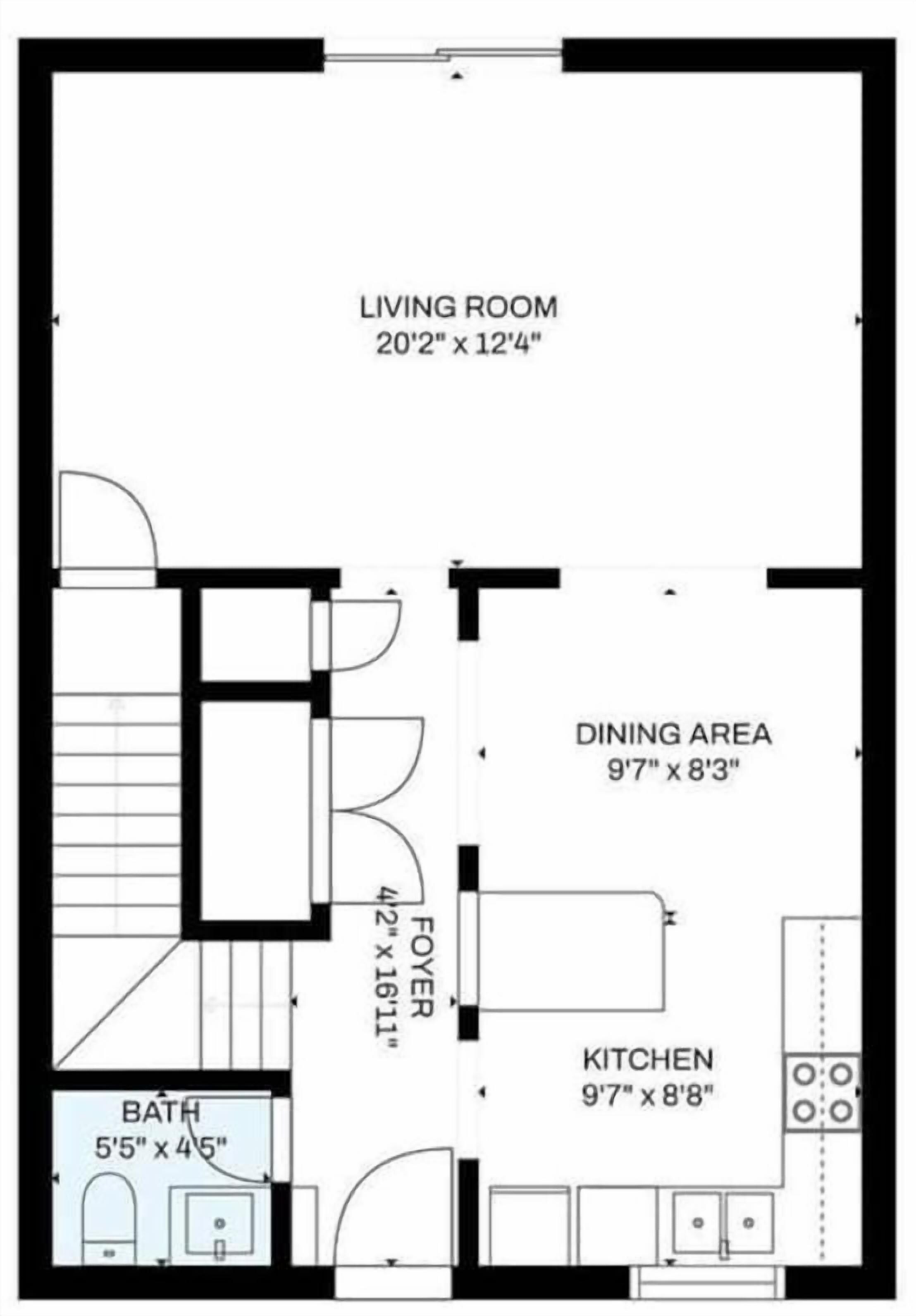 Plano de planta con sala de estar (6,1 x 3,7 metros), comedor (2,9 x 2,5 metros), cocina (2,9 x 2,6 metros), vestíbulo (1,3 x 4,9 metros) y baño (1,6 x 1,3 metros).