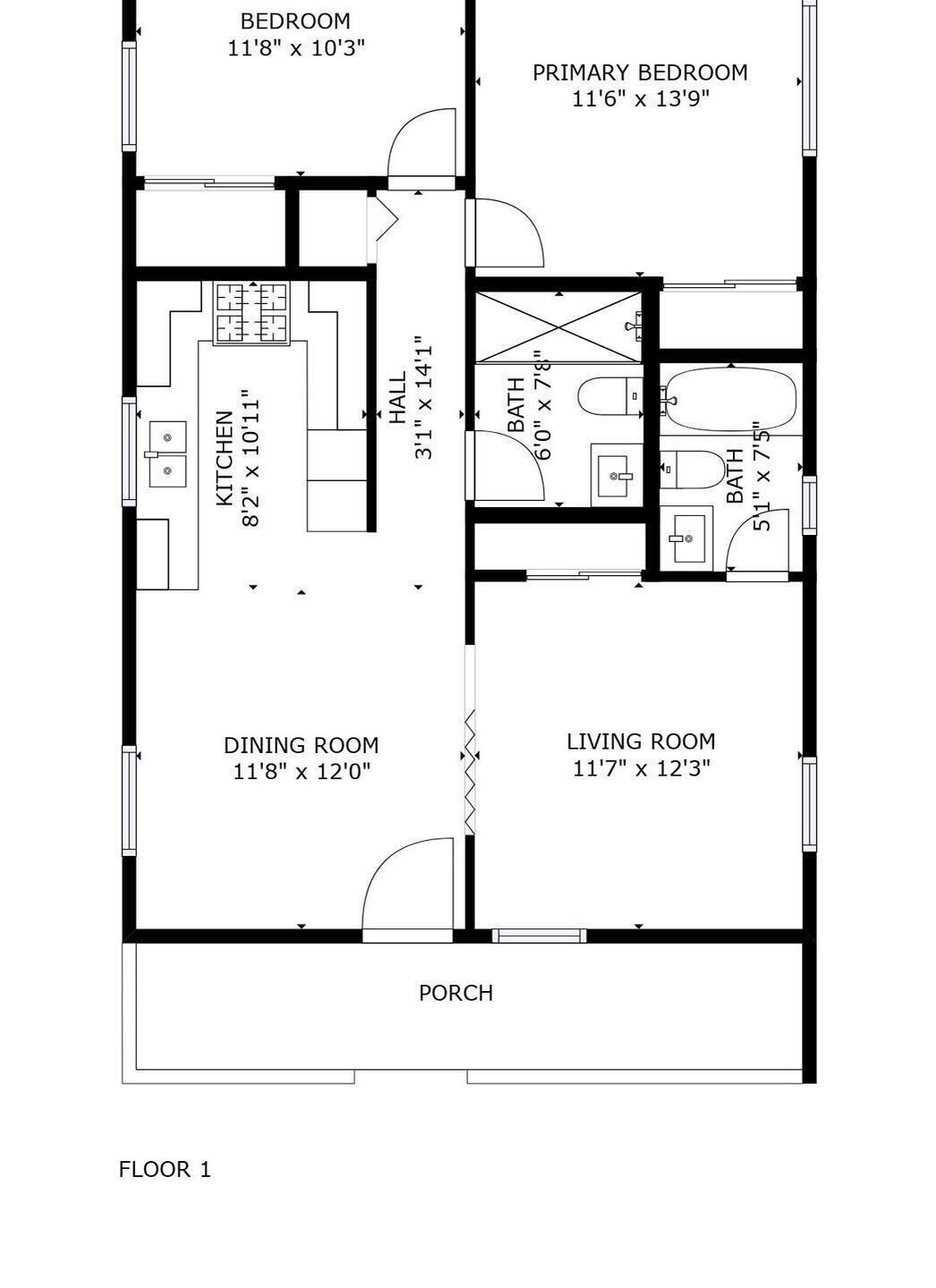 A floor plan of a house with a bedroom, primary bedroom, kitchen, dining room, living room, bathroom, and porch.