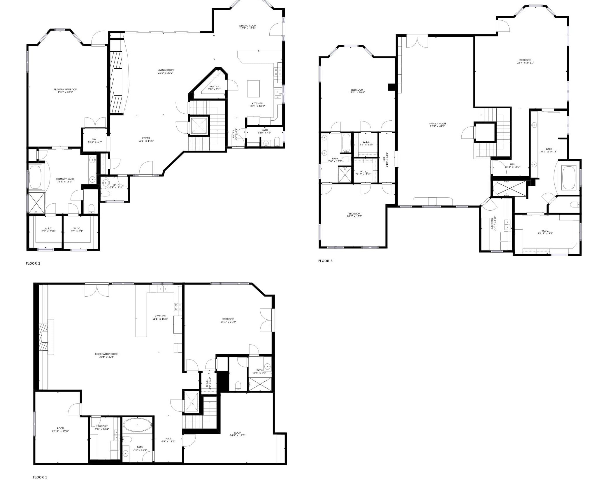 A floor plan of a three-story house with a dining room, kitchen, living room, two bedrooms, a bathroom, and a laundry room.