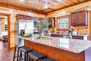 House (Multiple Bedrooms) | Private kitchen | Fridge, oven, stovetop, cookware/dishes/utensils - Daybreak by Avantstay Sleeps 18 Cabin + Pool/spa (Sevierville)