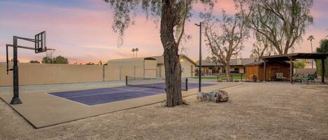An outdoor basketball court with a net, surrounded by trees and a building in the background.