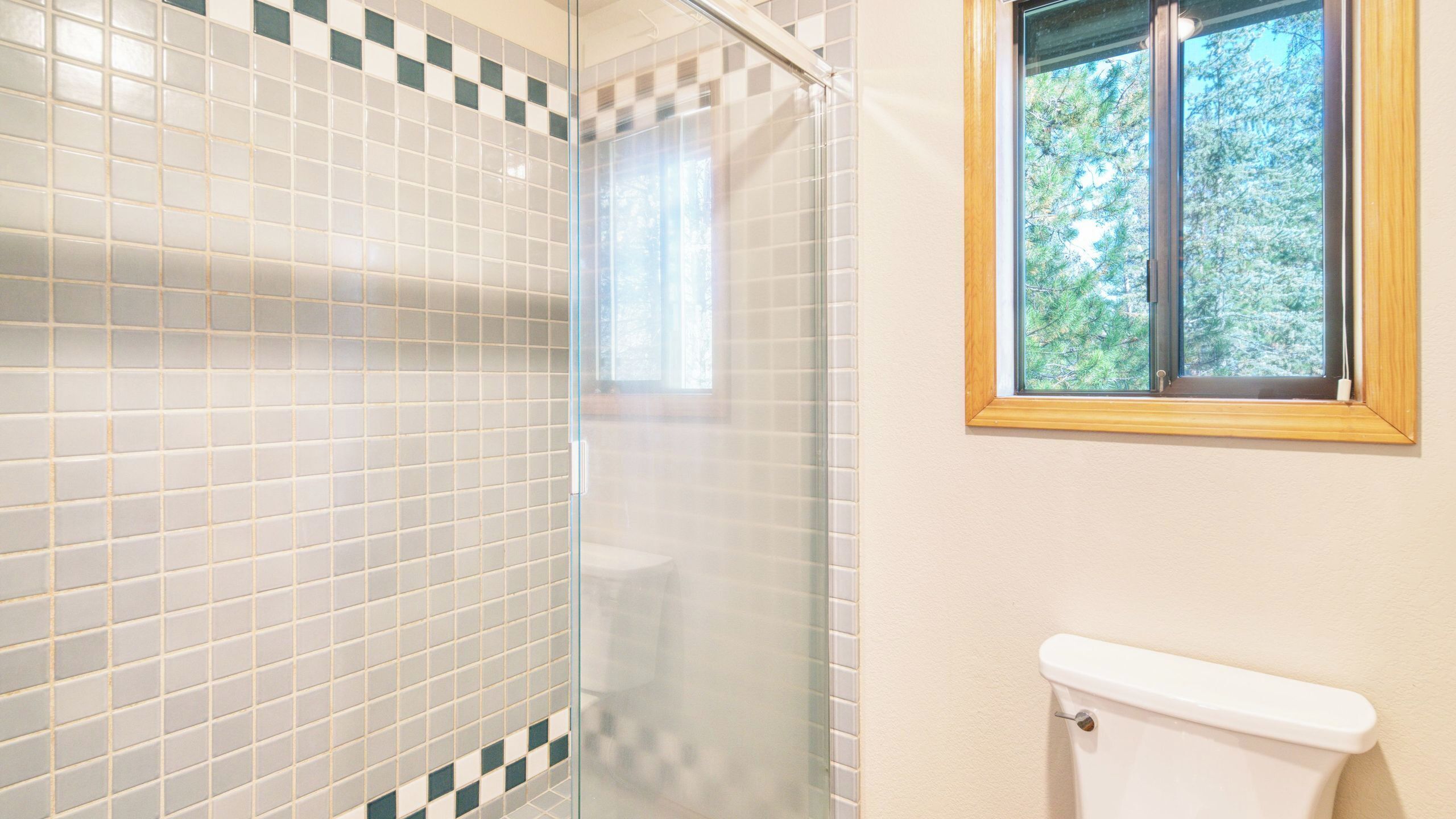 Ein Badezimmer mit gefliesten Duschwänden, einer Toilette und einem Fenster mit Blick auf Bäume.