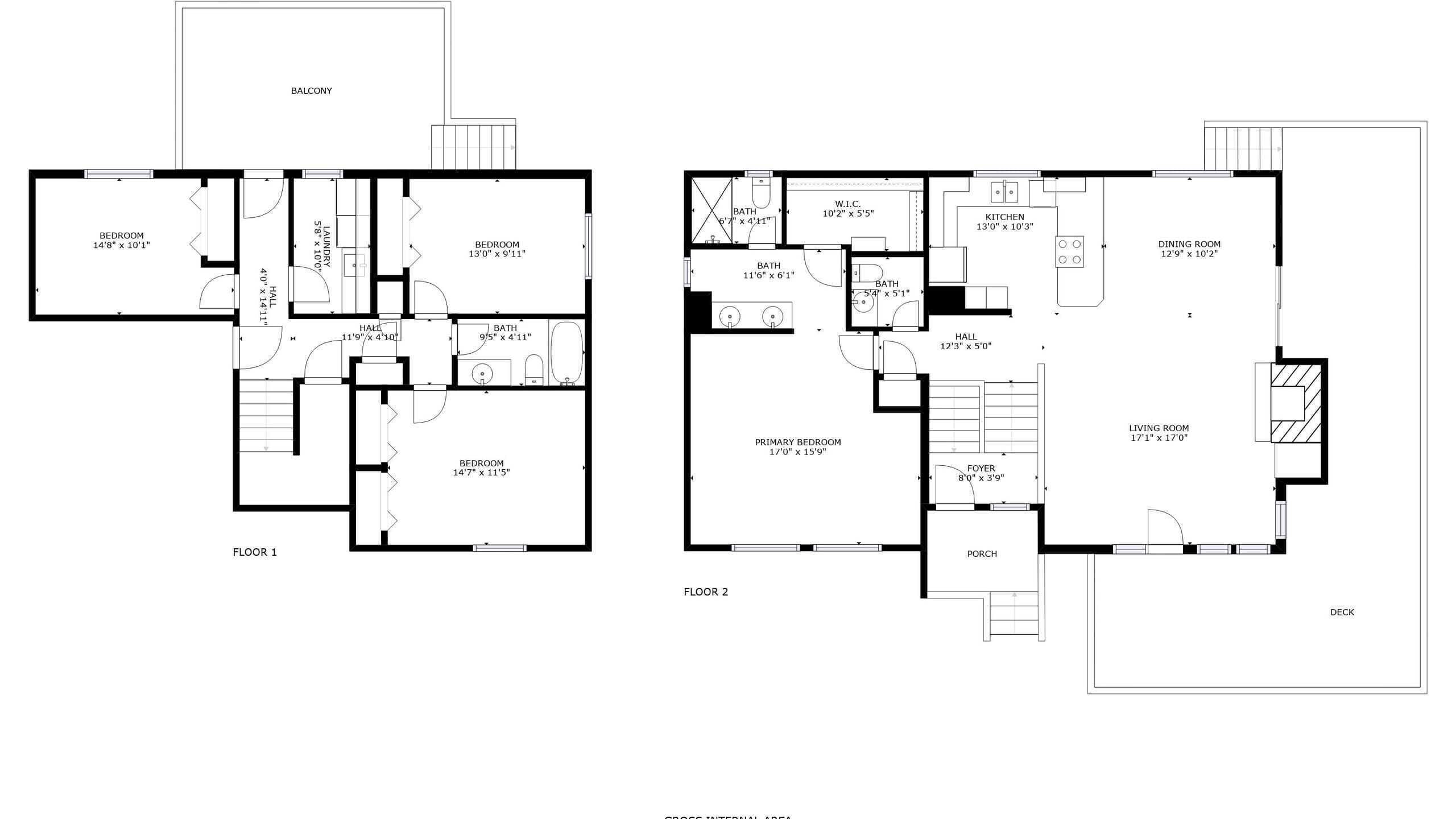 Deux plans d’étage d’un immeuble comprenant plusieurs chambres, salles de bains, une cuisine, une salle à manger, un salon, un hall d’entrée et une véranda.