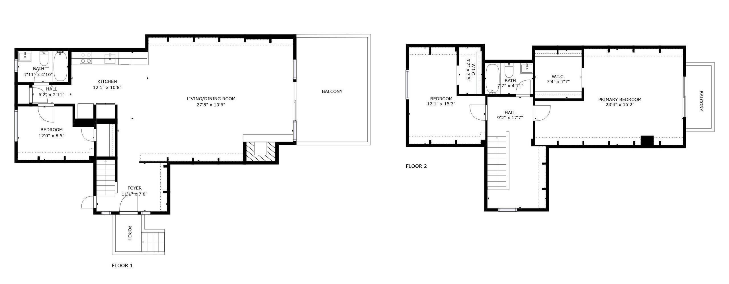 Two floor plans of a building with a balcony, living/dining room, kitchen, bedrooms, bathroom, foyer, and hall.