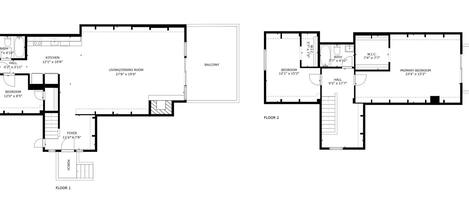 Two floor plans of a building with a balcony, living/dining room, kitchen, bedrooms, bathroom, foyer, and hall.