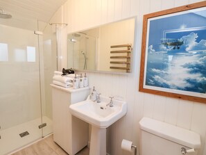 A bathroom with a glass-enclosed shower, a sink with a mirror above it, and a toilet. There is a framed picture of an airplane on the wall. - Amy Johnson (York)