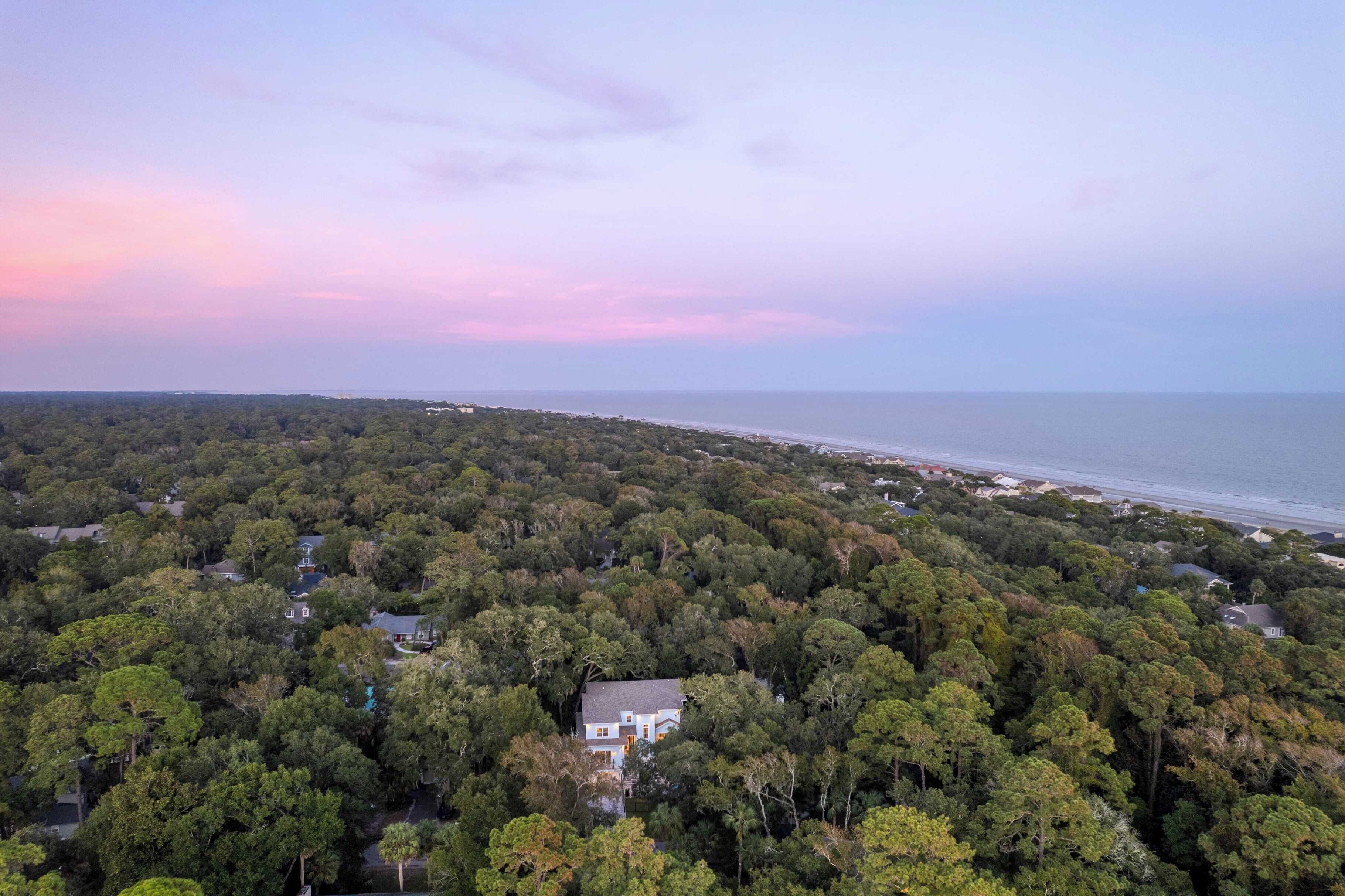 An aerial view of a coastal area with dense forestation and a beach.