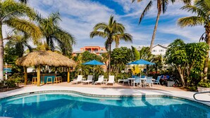 A swimming pool with lounge chairs and umbrellas, surrounded by palm trees and a thatched-roof structure. - Oasis with Heated Pool (Siesta key)