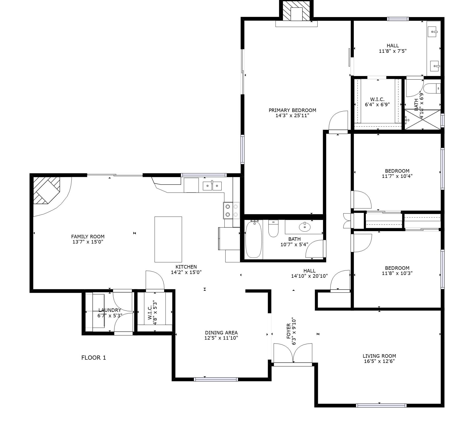 Plano de planta de un hotel que muestra una habitación familiar, cocina, comedor, sala de estar, dormitorio principal, dos baños y dos pasillos.